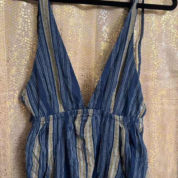 Free People Kind Favor Navy Blue Cotton Wide Leg Romper Jumpsuit Medium - Picture 4 of 12